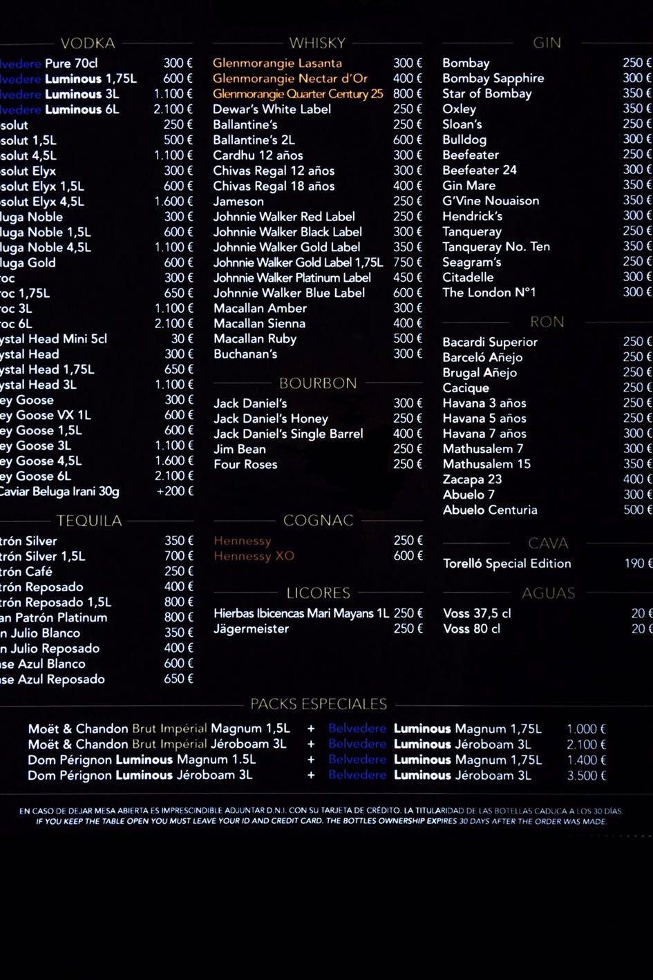Pacha Barcelona Bottle Menu
