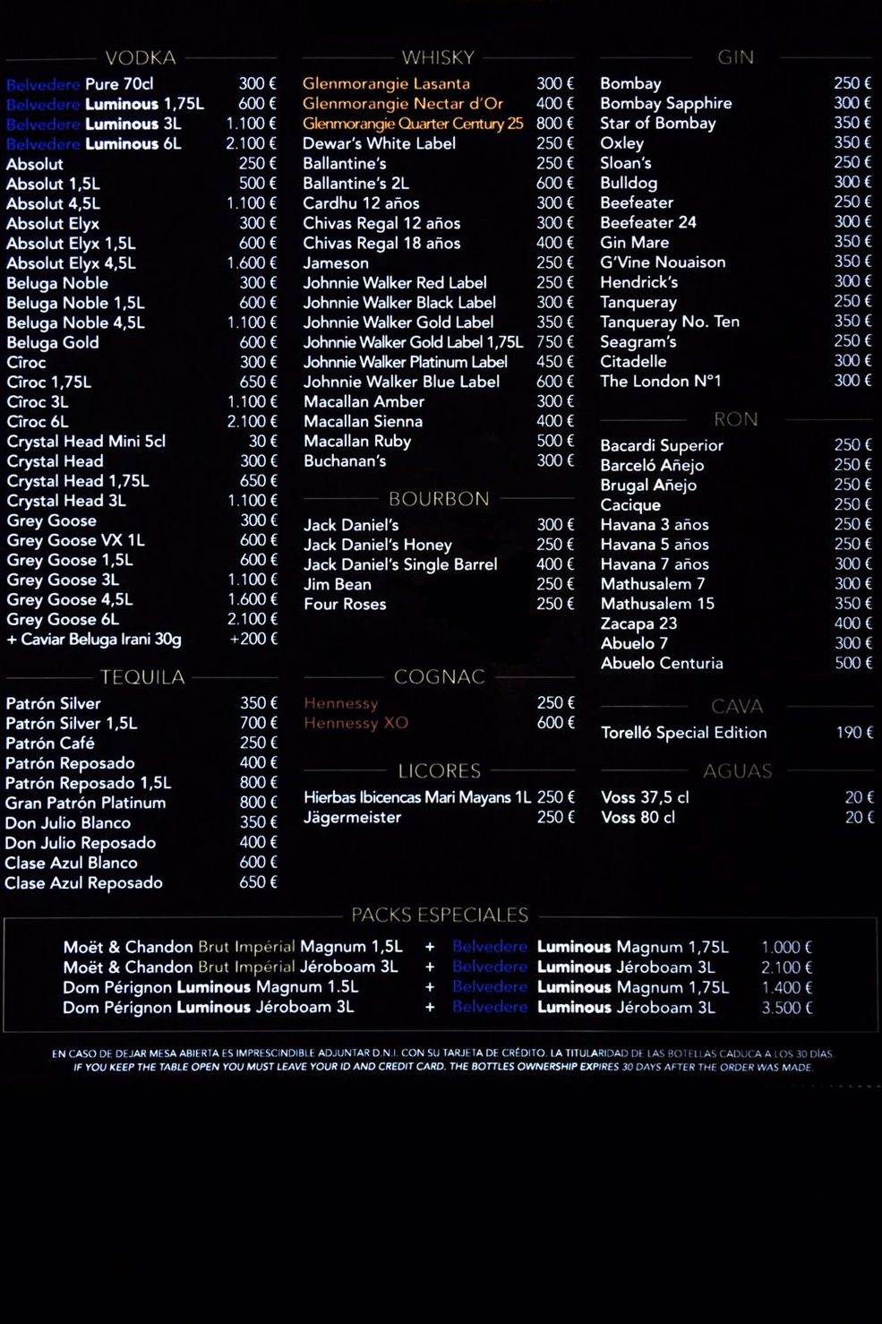 Pacha Barcelona Bottle Menu